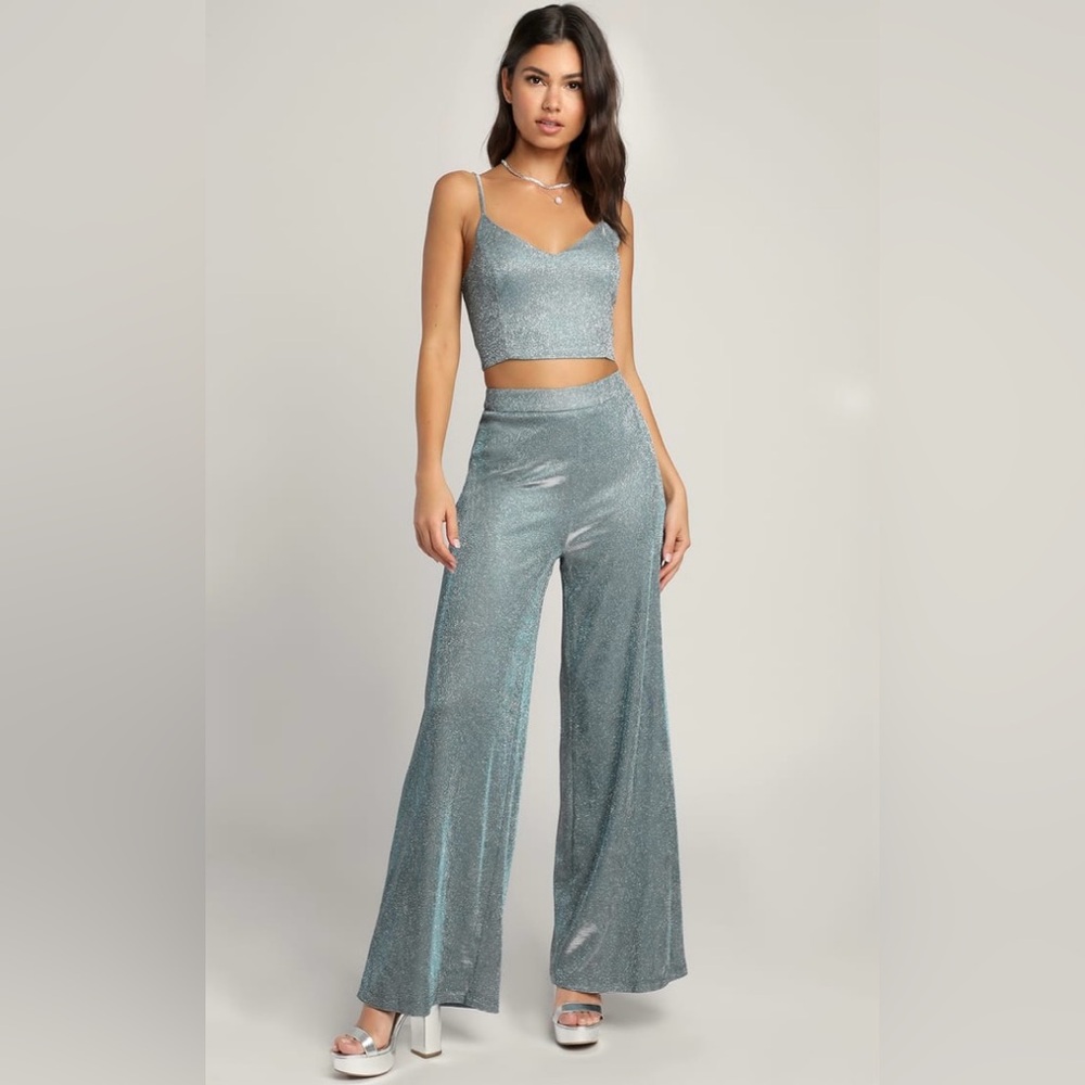 Lulus Touch of Glitter Blue Sparkly Lace-Up Two-Piece Jumpsuit